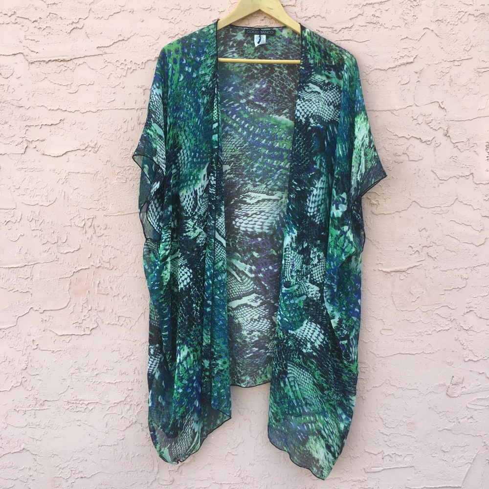 Coco Bianco Sheer Green Snake Print Kimono Swimsuit Cover-Up